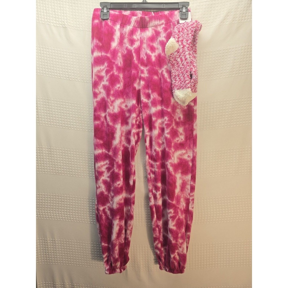 SO Womens Pajama Pants Fleece Size XS Pink White Tie Dye Fuzzy Sock Set 5373